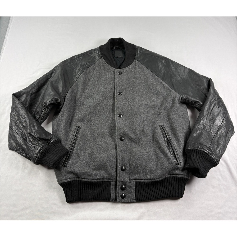 Gap Bomber Jacket Mens Medium Black Gray Wool Leather Blend‎ Baseball